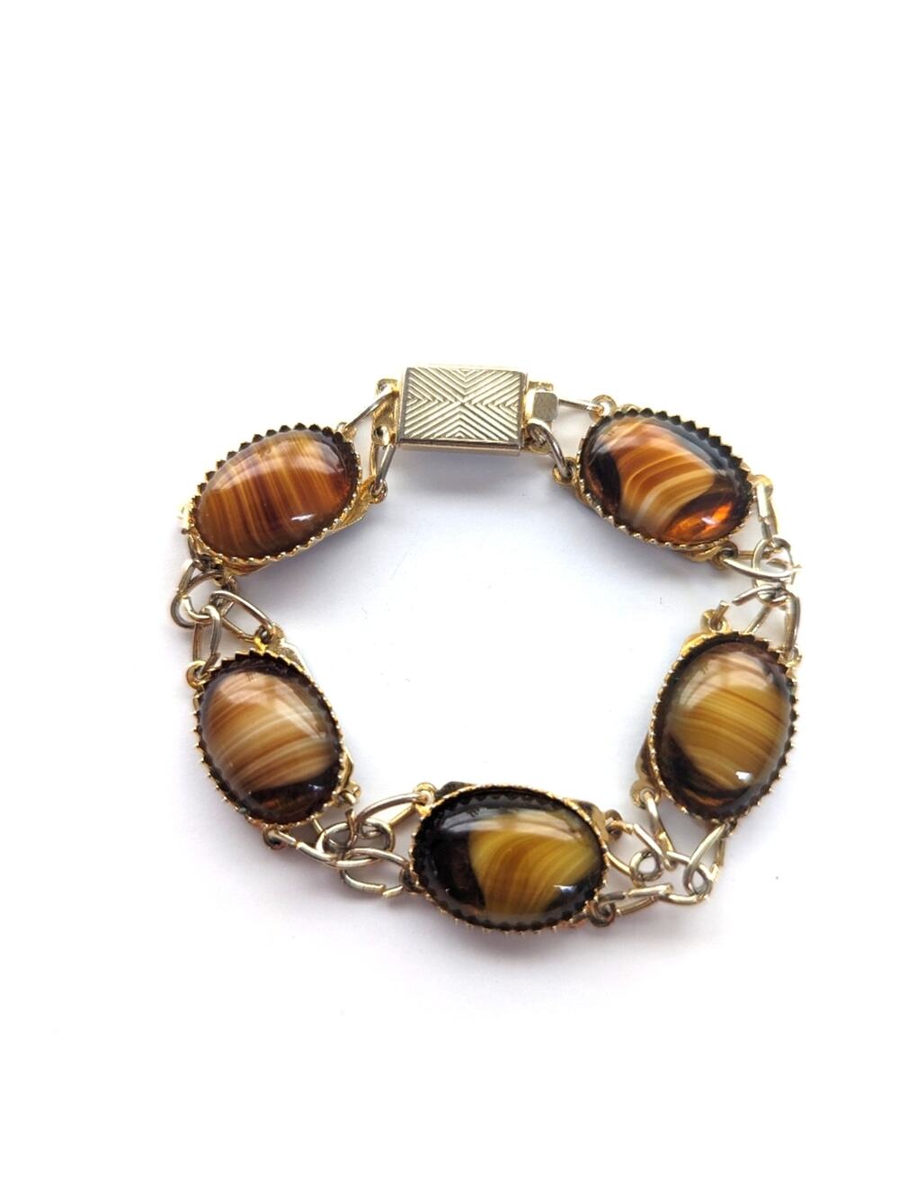 Vintage Gold Tone Faux Tigers Eye Cabochon Box Clasp Link Bracelet